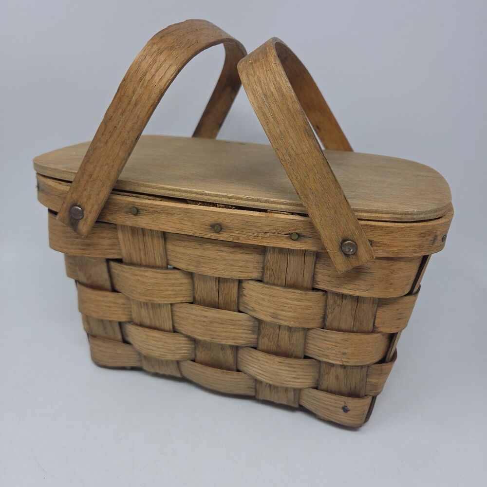 Vtg Double Handle Picnic Basket Hinged Lid Basketville Putney Vermont 10”x10”x7"